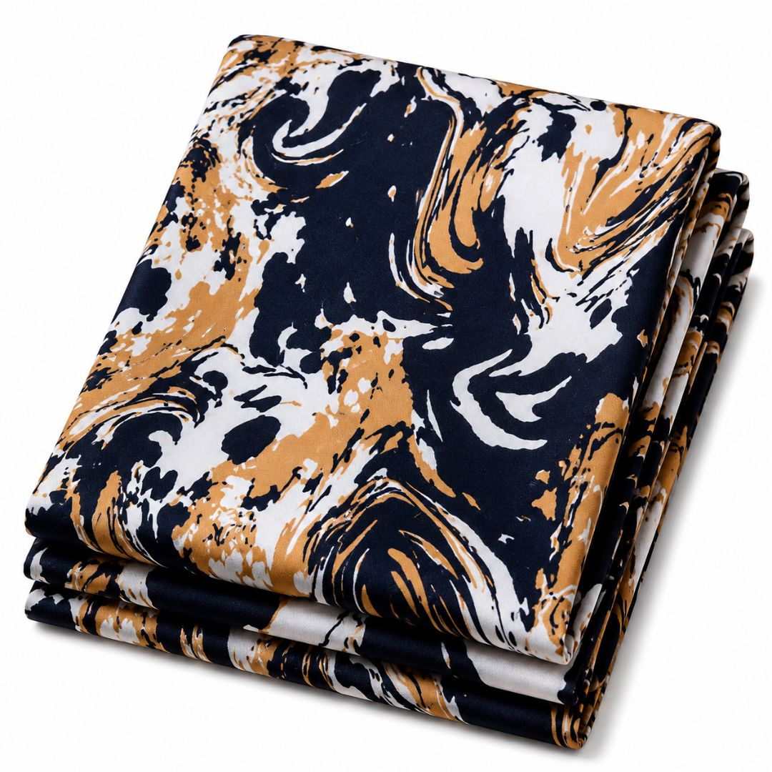 Premium Vintage Navy Blue, Camel & White Marble Abstract Print Fashion Fabric